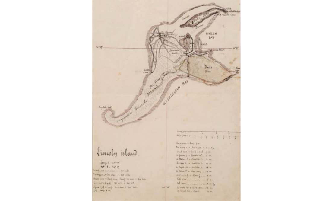 El mapa, que tiene una forma similar a una cabeza de elefante, mide 21 x 31 cm y tiene los nombres de los lugares escritos en inglés. FOTO: Drouot.com