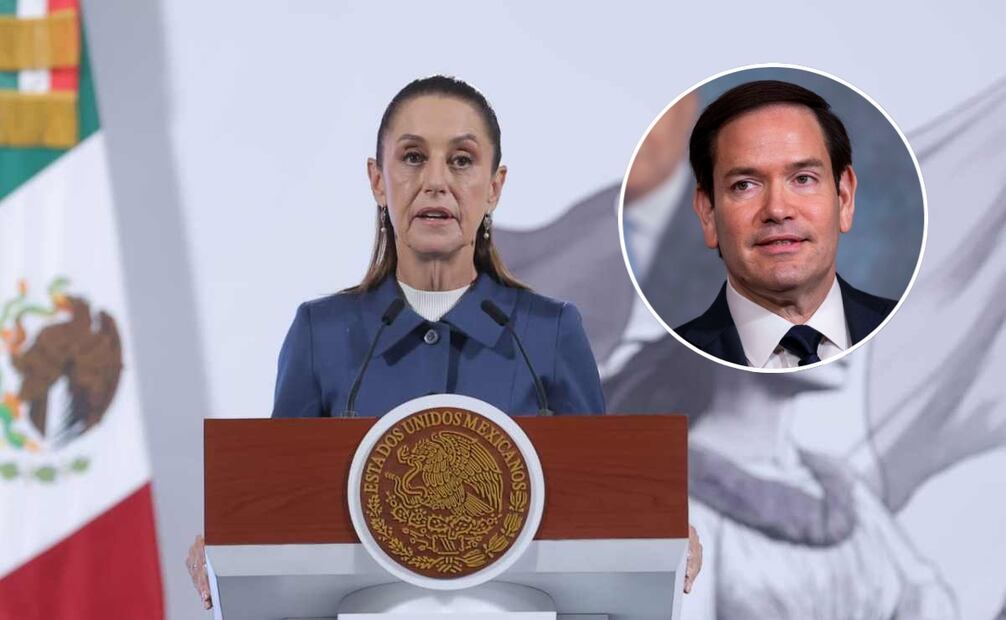 La presidenta Claudia Sheinbaum durante la mañanera de este 2 de septiembre del 2025 y el secretario de Estado de EU, Marco Rubio. Foto: Gabriel Pano / Archivo EL UNIVERSAL y AP