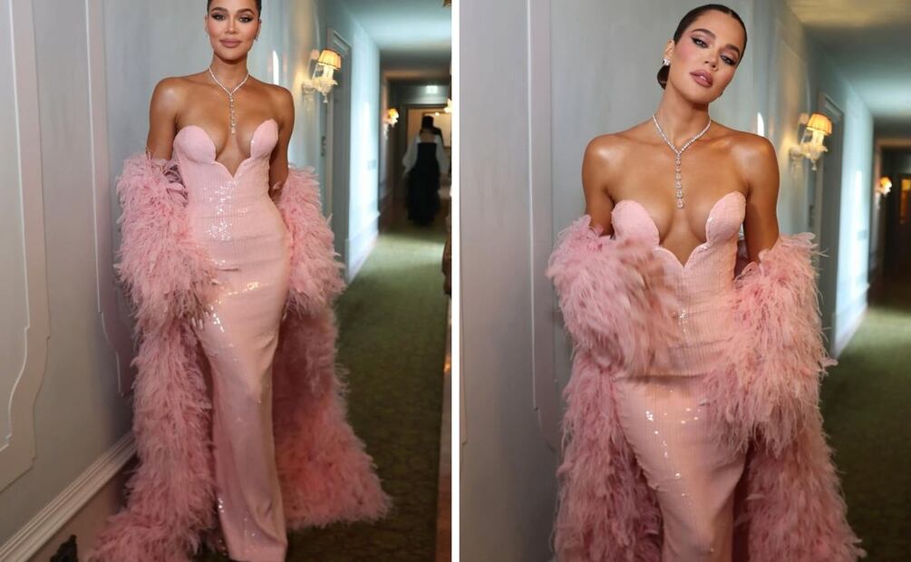 El vestido rosa de Kardashian destaca por su capa de plumas. Foto: Especial. Instagram @khloekardashian