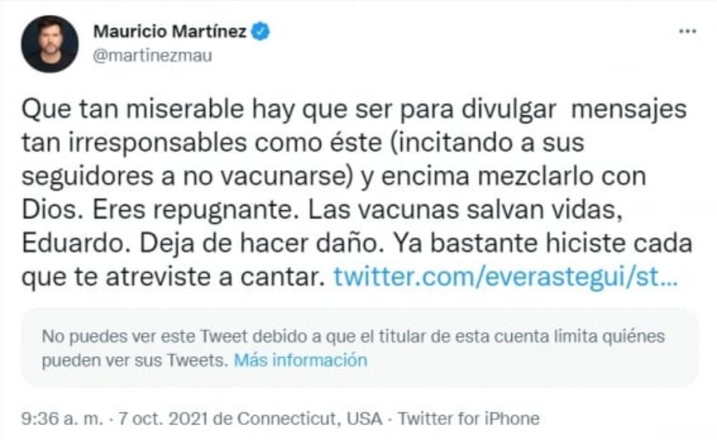 Mauricio Martínez llama miserable, irresponsable y repugnante a Verástegui por mensaje antivacunas