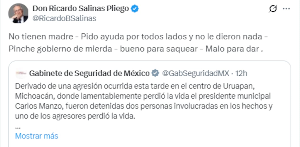 Publicación de Salinas Pliego en X. Foto: X