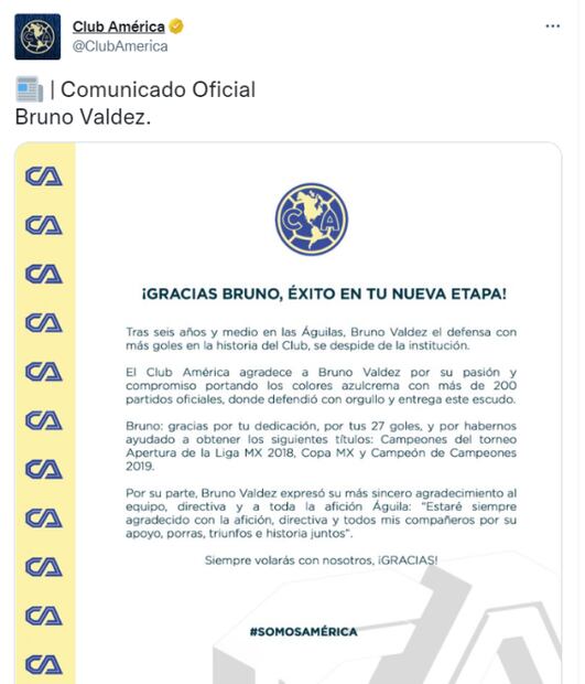 América hace oficial la salida de Bruno Valdez