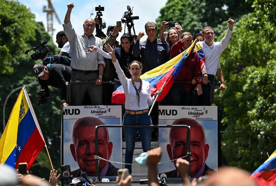 María Corina Machado, lideresa opositora, durante una manifestación en Caracas, el 3 de agosto. Foto: AFP