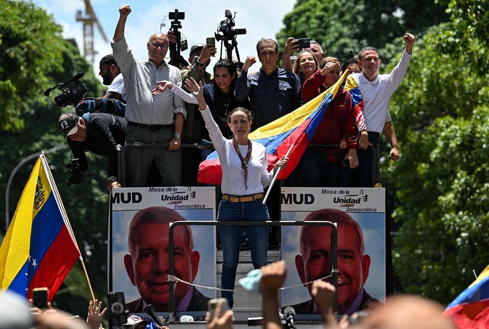 María Corina Machado, lideresa opositora, durante una manifestación en Caracas, el 3 de agosto. Foto: AFP/Archivo