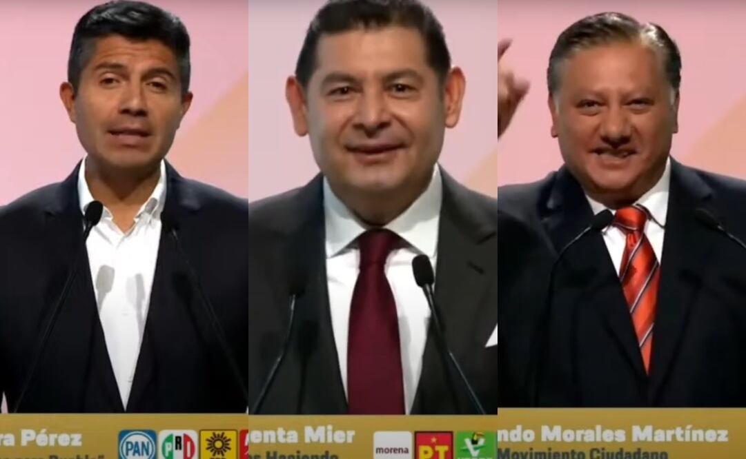 Los tres candidatos a la gubernatura de Puebla se dieron con todo en temas de inseguridad, privatización del agua potable y nexos con la delincuencia organizada y la corrupción durante el debate. Foto: captura de pantalla