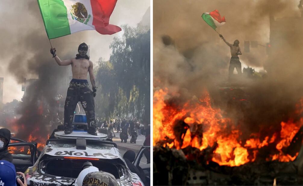 Una fotografía tomada durante las protestas contra ICE en Los Ángeles muestra a un hombre encapuchado ondeando una bandera mexicana
Foto: Captura de pantalla en X
