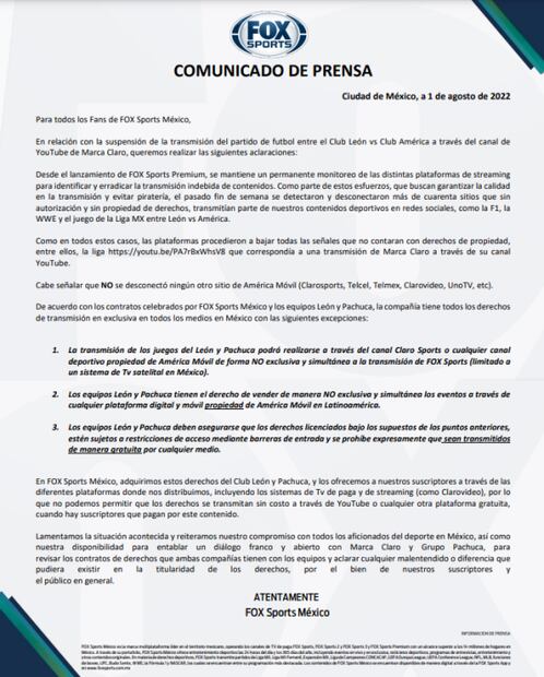 Fox Sports responde a Claro Sports, "No podemos permitir transmisiones gratuitas"