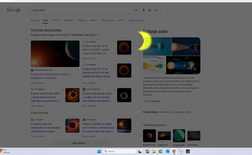 Esto sucederá si buscas "eclipse solar" en Google. Foto: Captura de pantalla
