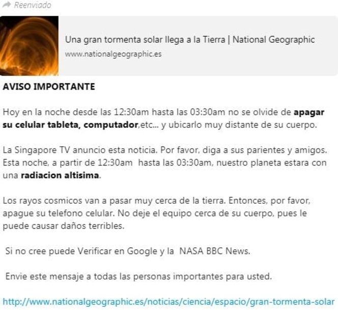 Reviven cadena falsa de WhatsApp que advierte sobre tormenta solar