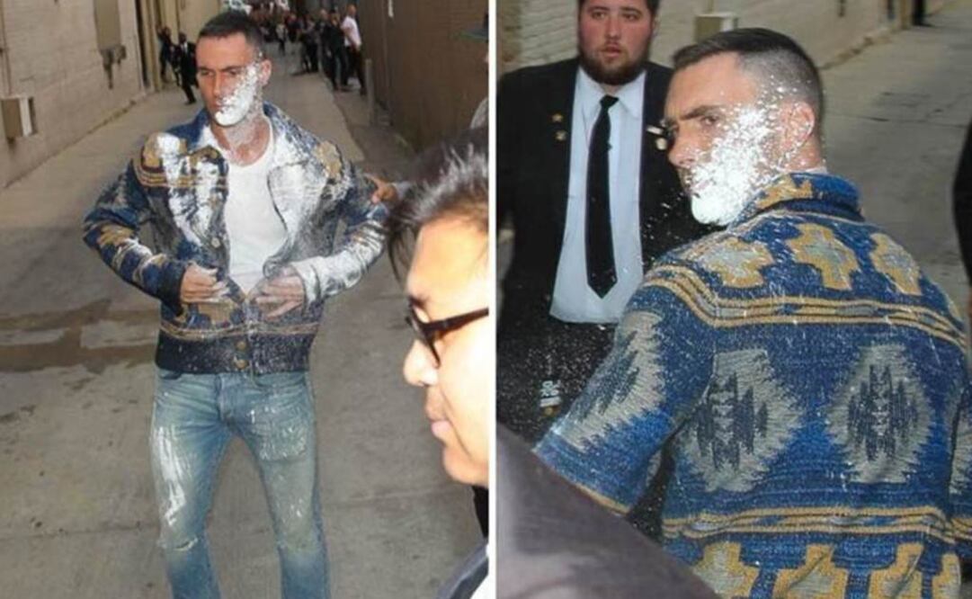 Levine se mostró enfadado tras lo ocurrido, pues el polvo de azúcar le manchó toda la cara y parte de la ropa: Tomada del portal TMZ