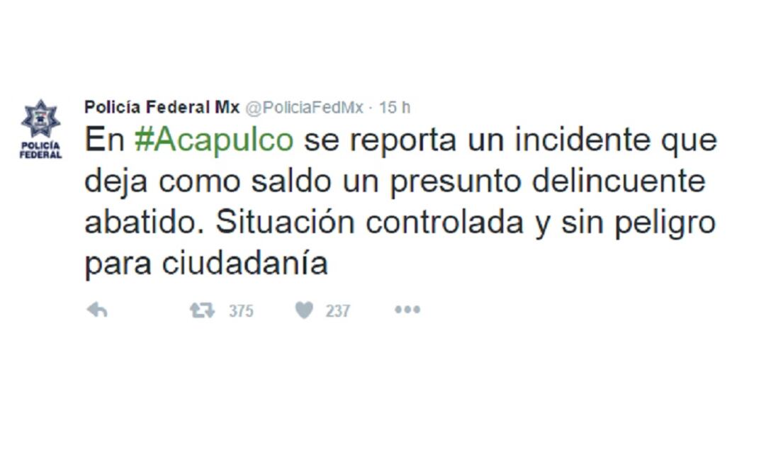 On Twitter, Mexico's federal police said that the situation has been controlled and that it does not pose any danger to citizens. (Photo: Taken from Twitter @PoliciaFedMx) 