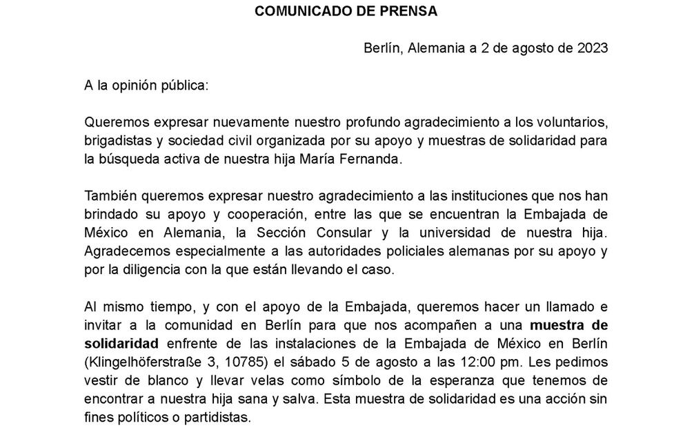 Familia de María Fernanda convocan a “muestra de solidaridad”