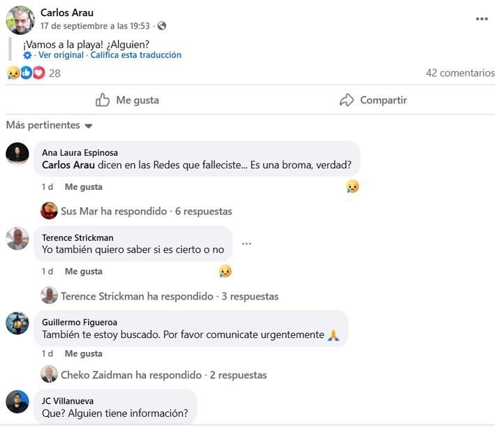 La última publicación de Carlos Arau en Facebook. Sus seguidores, impactados con la noticia de su fallecimiento.