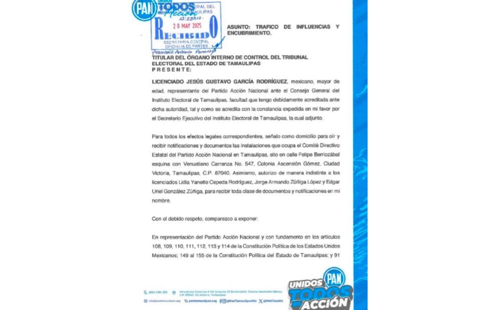 PAN Tamaulipas denuncia ante la FGR a Tania Contreras y dos magistrados (28/05/2025). Foto: Especial