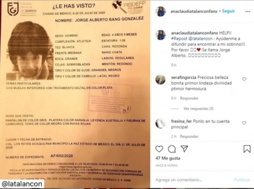 Encuentran a sobrino de Ana Claudia Talancón tras una semana perdido