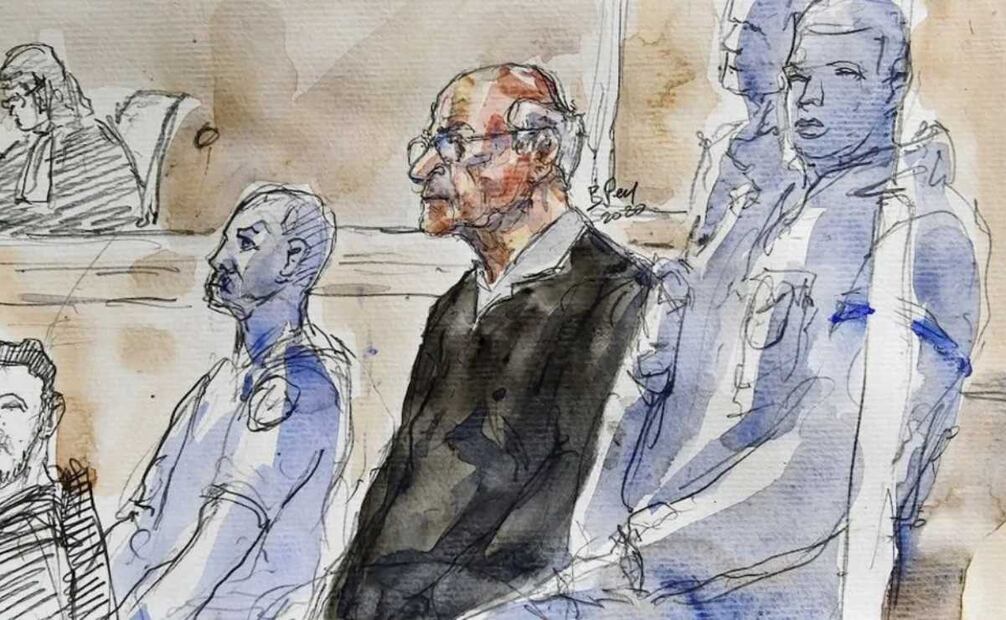 Dibujo de Joel Le Scouarnec durante su primer juicio en 2020. Foto: AFP