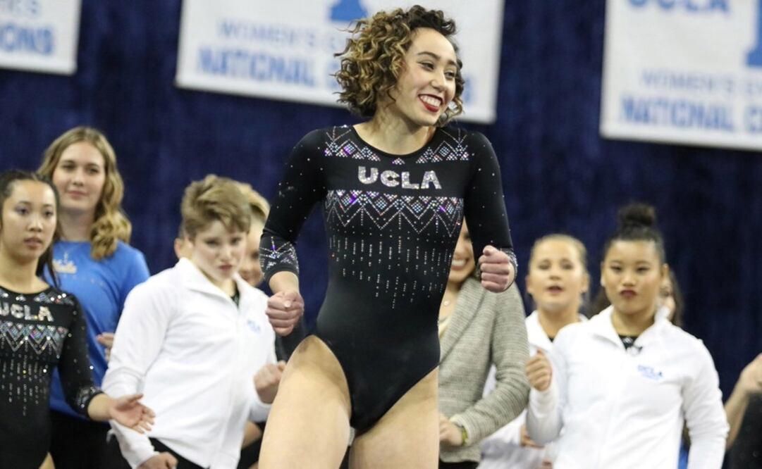 La gimnasta estadounidense que logró el puntaje perfecto en el desafío de gimnasia universitario. FOTO TOMADA DE TWITTER @uclagymnastics
