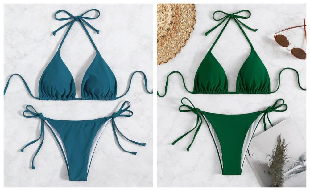Este diseño de bikini halter es similar al que modela Rocío Sánchez Azuara, ya que cuenta con cintillas de amarre ajustables en cuello, espalda y cadera. Imagen: Shein.
