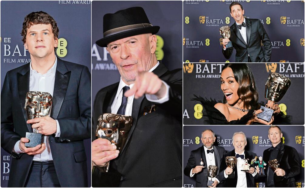 Jesse Eisenberg recogió el BAFTA a Actor de reparto de Kieran Culkin. Jacques Audiard, director de Emilia Pérez, que ganó premio. Adrien Brody fue reconocido por su labor en The Brutalist. Zoe Saldaña volvió a alzarse con el premio para Actriz de reparto. Richard Beek, Nick Park y Merlin Crossingham: Wallace and Gromit. Fotos: Agencias