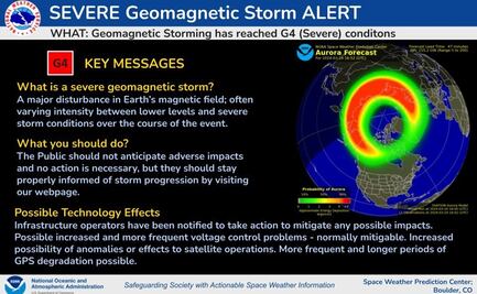Agencia estadounidense alerta sobre tormenta geomagnética severa este domingo