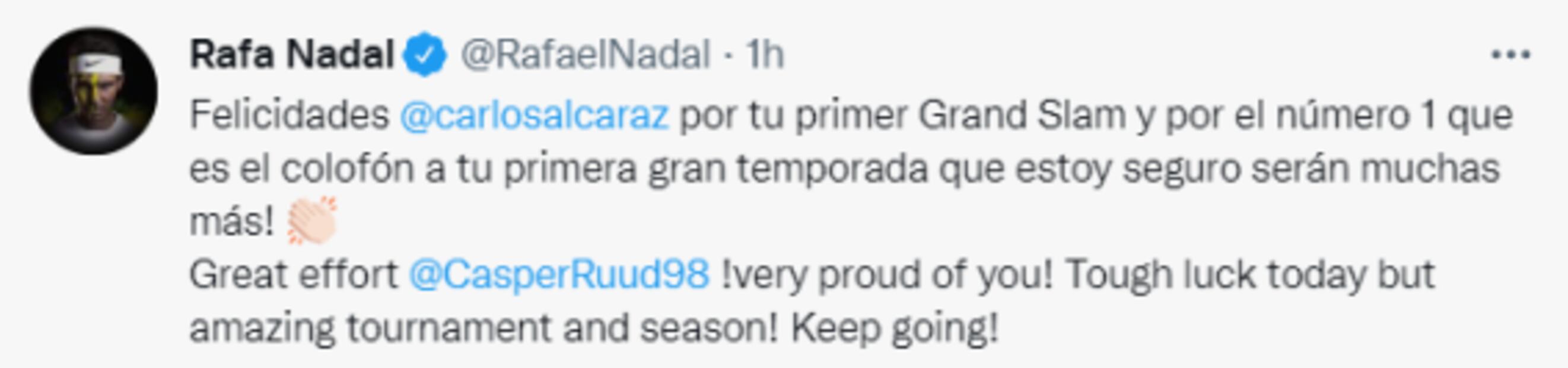 Real Madrid y Rafa Nadal felicitan a Carlos Alcaraz por ganar el US Open