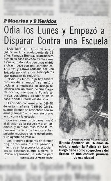 Reporte de EL UNIVERSAL, 1979. Según el sitio Snopes, el rifle que Brenda Spencer usó para su crimen era un regalo de su padre; “fue como disparar patos en un estanque”, sostuvo la joven tras su detención. Foto: Hemeroteca EL UNIVERSAL.