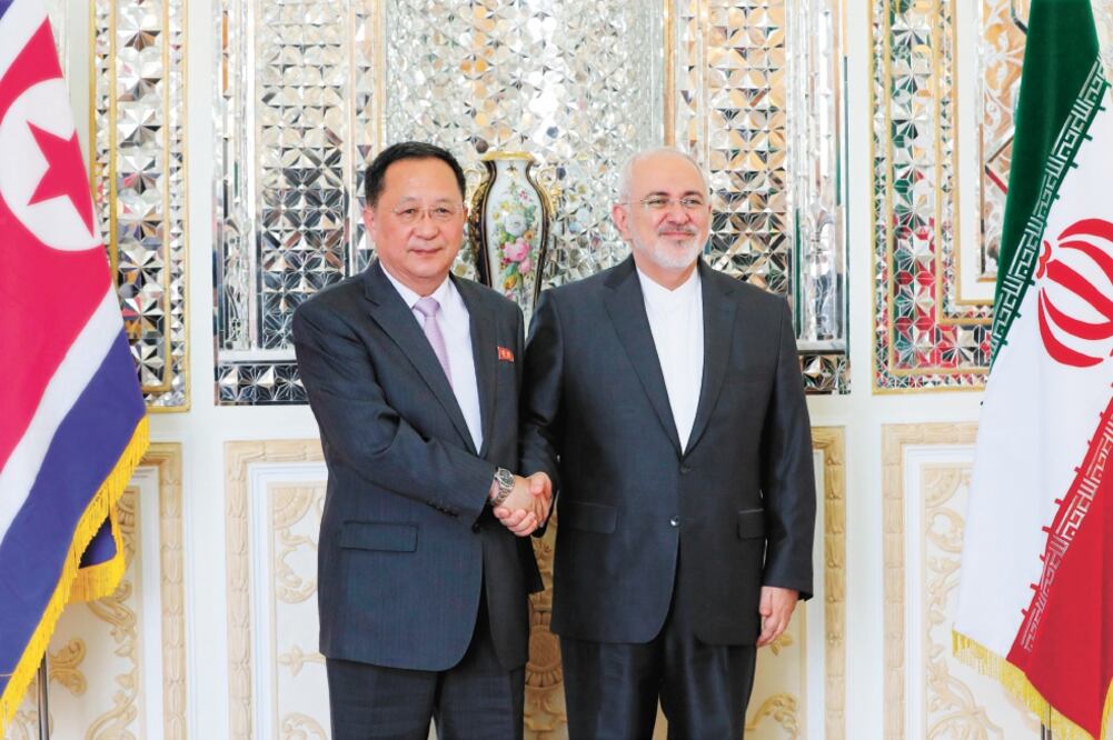 El ministro de Exteriores iraní, Mohammad Javad Zarif ( der.), junto a su homólogo norcoreano, Ro Yong-ho (izq.), durante un encuentro en Teherán. (ABEDIN TAHERKENAREH. EFE)