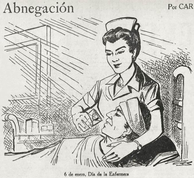 Caricatura de Carlos Acosta “CAR” para EL UNIVERSAL, para la edición del 6 de enero de 1964. Titulada “Abnegación”, con una mención por el Día de la Enfermera, el dibujo muestra el apoyo que brindan estas trabajadoras de salud para los pacientes. Foto: Hemeroteca EL UNIVERSAL.
