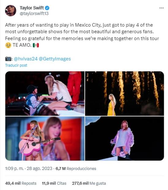 Taylor Swift lanzó un mensaje en sus redes sociales tras dejar el país luego de 4 conciertos consecutivos. / Foto: Twitter.