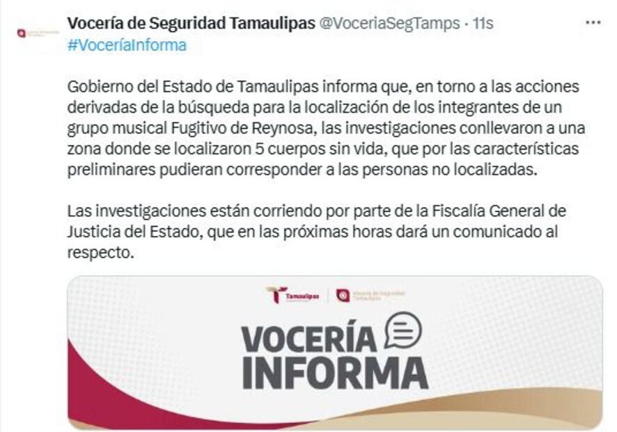 Comunicado de los cuerpos localizados en Reynosa. Foto: Especial