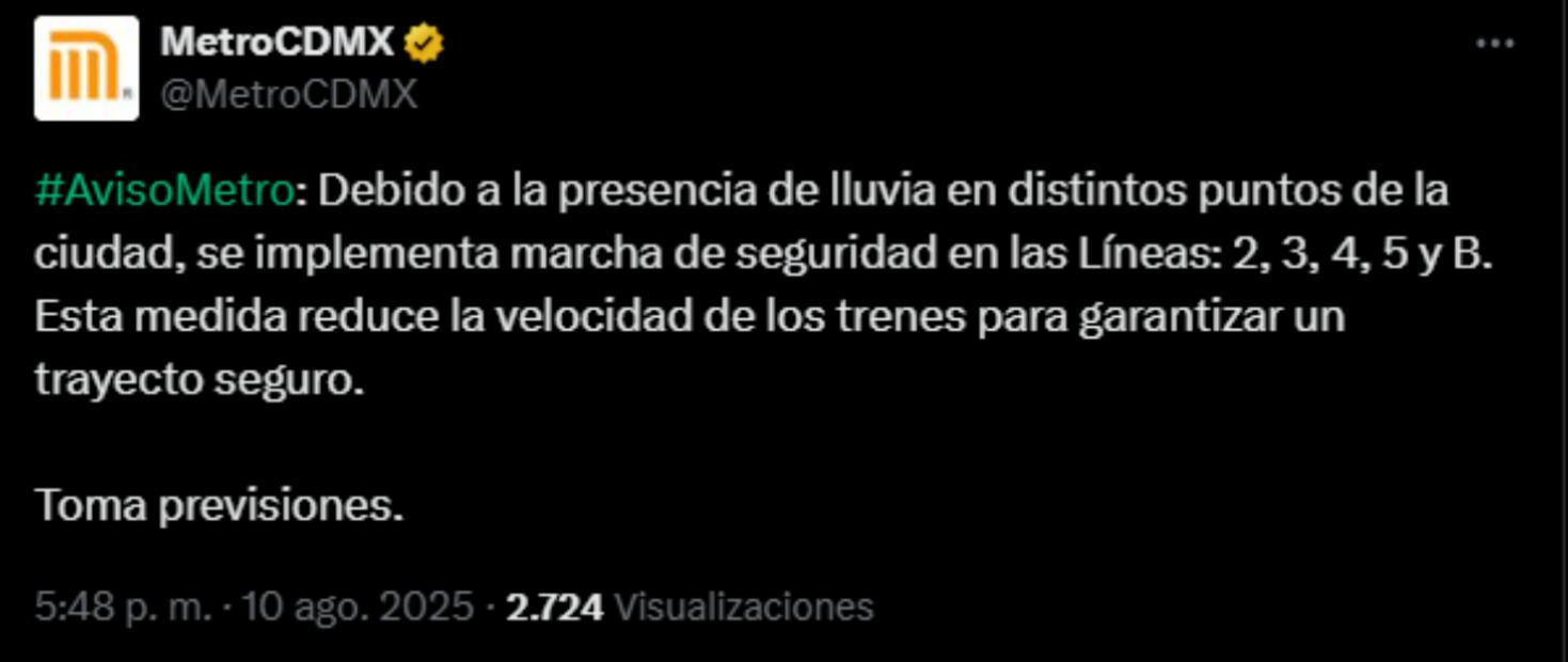 Metro y Metrobús con afectaciones por lluvia (10/08/2025). Foto: Captura de pantalla