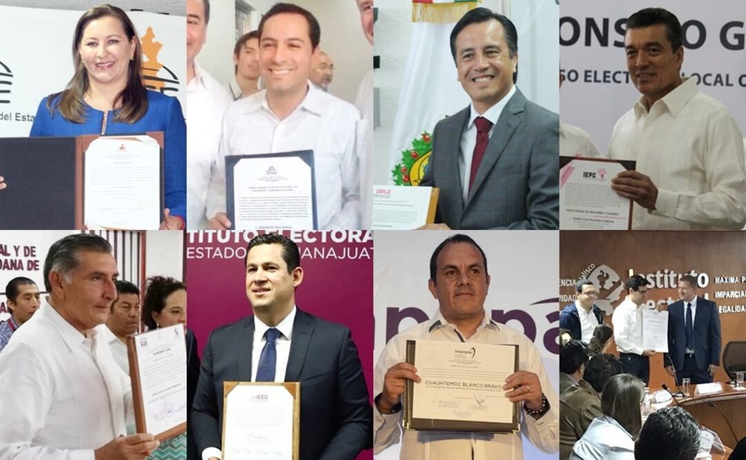 Martha Erika, Mauricio Vila, Cuitláhuac García, Rutilio Escandón, Adán Augusto, Diego Sinhué, Cuauhtémoc Blanco y el coordinador de Jalisco de MC. (FOTO: Archivo. EL UNIVERSAL y tomadas de Twitter @iepcjalisco, @IEPCTabasco)