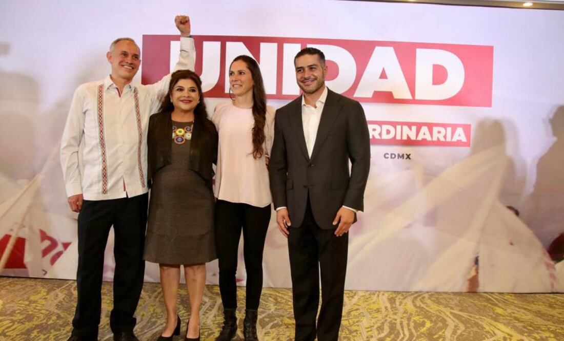 Conferencia de prensa del presidente de Morena CDMX, Sebastian Ramírez, y el consejero estatal de Morena, Francisco Chiguil. Lo acompañaron las corcholatas a la jefatura de gobierno, Clara Brugada, Alejandra Boy, Hugo Lopez Y Omar García. Foto: Valente Rosas/EL UNIVERSAL