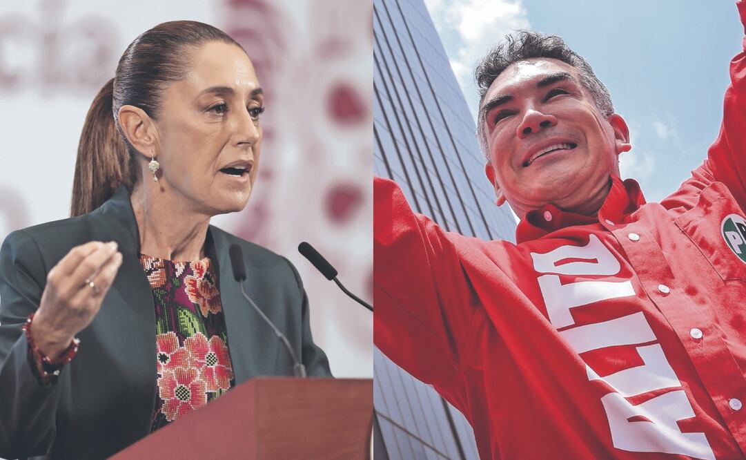 En la mañanera, Sheinbaum criticó la actitud de Alejandro Moreno, quien más tarde encabezó una marcha priista en la CDMX. Fotos: de Fernanda Rojas. El Universal y Luis Camacho. El Universal