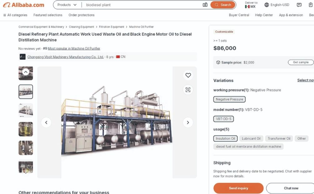 Una vez que el usuario se da de alta en la página web de Alibaba Group, solicita el producto de acuerdo con el catálogo en línea: una minirrefinería de petróleo con columna de destilación, por ejemplo. Foto: Especial