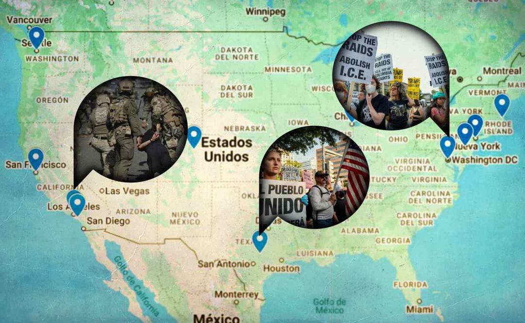 Mapa de las protestas en EU contra redadas migratorias / Foto: Google maps y agencias