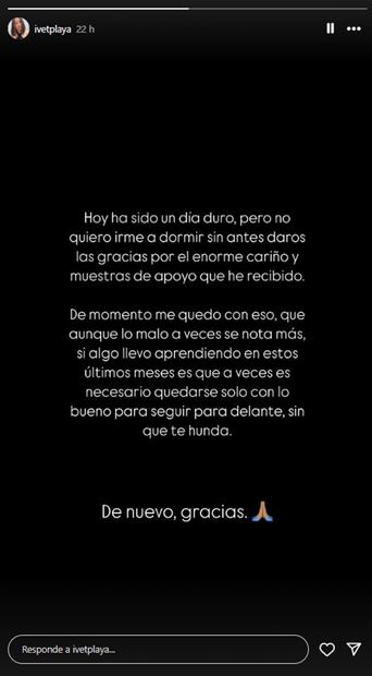 Ivet Playà agradeció en sus historias de Instagram por el apoyo que ha recibido, desde que dio a conocer su experiencia con Alejandro Sanz.
Foto: Instagram