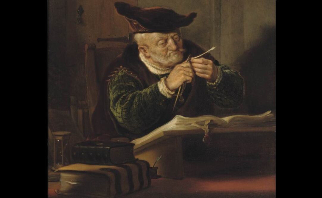 Pintura "A scholar sharpening his quill" de Salomon Koninck. Foto: www.christies.com