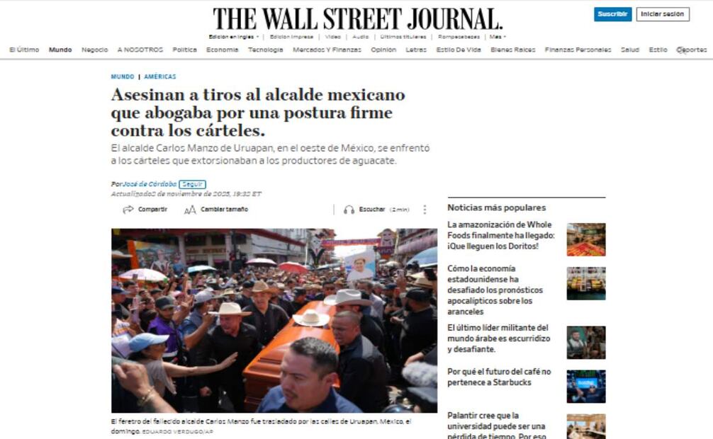 Cobertura del Wall Streat Journal sobre el asesinato de Carlos Manzo. Foto: Captura de pantalla