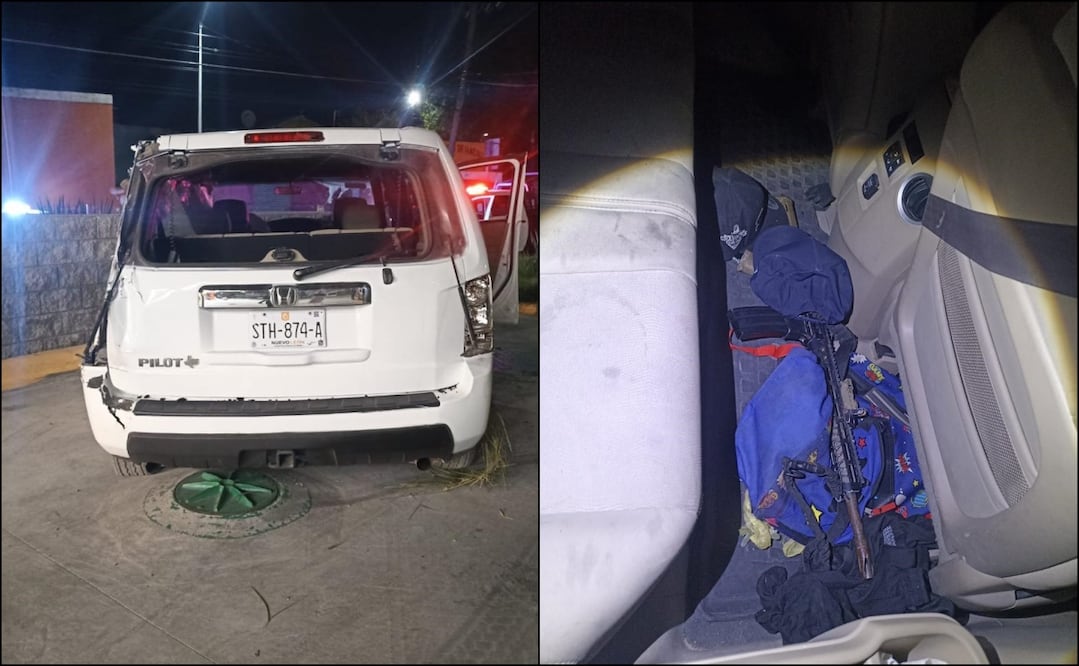 La camioneta donde viajaban los sujetos armados se estrelló contra un muro de concreto ubicado en el estacionamiento de una tienda de conveniencia. Foto: Especial