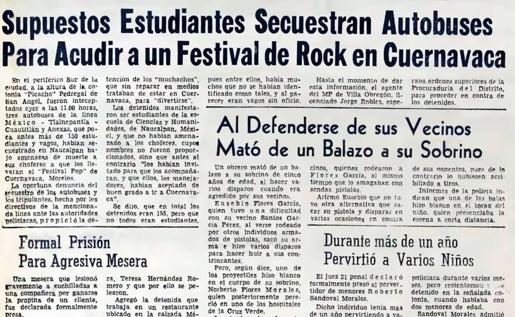 El 18 de junio del 73 se reportó la detención de 155 involucrados en el secuestro de autobuses para llegar al Festival de Música Moderna en Cuernavaca. El acto ocurrió en Naucalpan, Estado de México, orquestado –supuestamente– por estudiantes del CCH de ese municipio y de Azcapotzalco. Para el martes 19 se confirmó que 77 detenidos tuvieron libertad provisional bajo fianza y que más de la mitad de los sospechosos no eran estudiantes, sino “vagos sin oficio”. Foto: Hemeroteca EL UNIVERSAL.