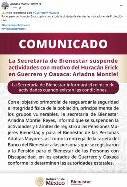 Suspenden actividades del Bienestar en Oaxaca y Guerrero por huracán "Erick". Foto: Captura de pantalla de la cuenta de Ariadna Montiel Reyes.