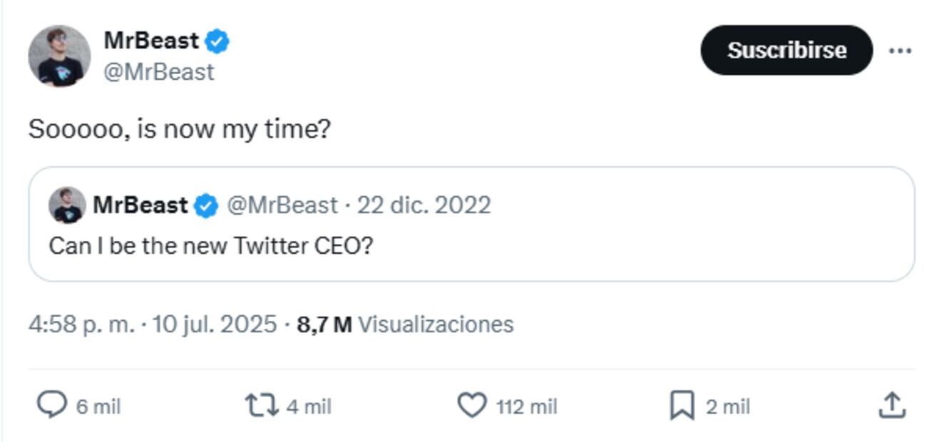 El youtuber lanza guiño para ser el nuevo CEO de X. Foto: X