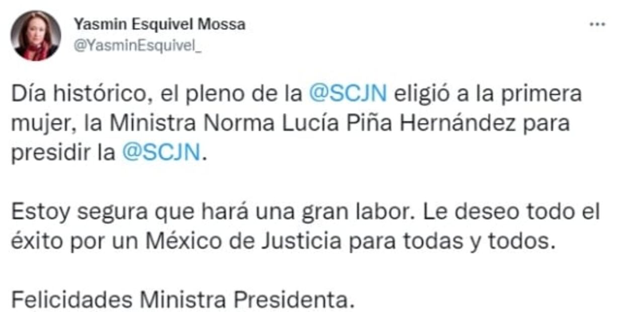 “Día histórico”: Yasmín Esquivel celebra elección de Norma Lucía Piña como presidenta de la Corte