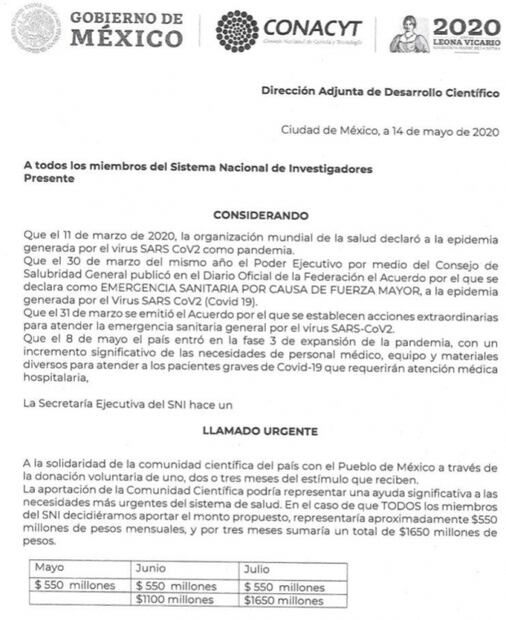 Conacyt pide donación voluntaria a miembros del Sistema Nacional de Investigadores