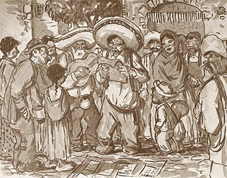 Los cantadores de corridos reunían a un grupo de oyentes en mercados o ferias, colocaban las hojas coloradas en el piso y comenzaban a cantar, ya fuera con guitarra o sin acompañamiento. Foto: Hemeroteca EL UNIVERSAL.