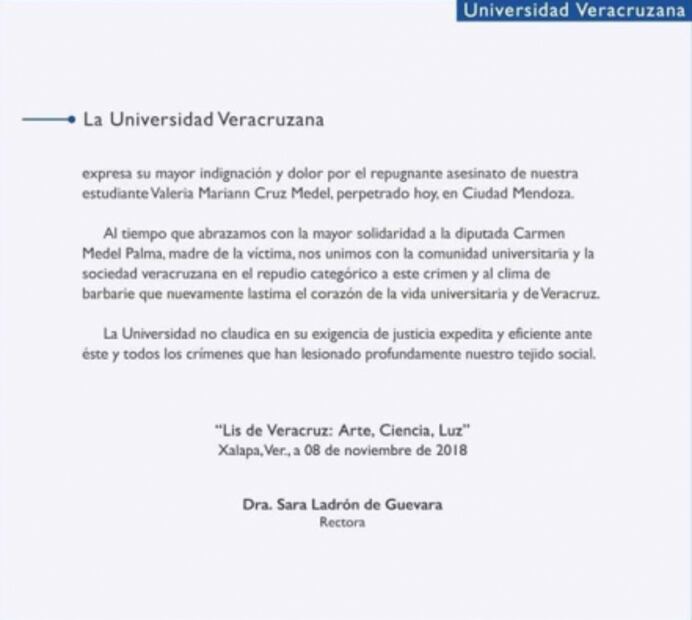 Universidad Veracruzana condena y exige justicia por el crimen de Valeria, hija de Carmen Medel