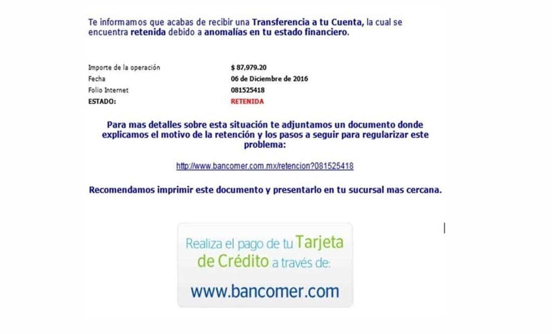 Circula correo apócrifo de BBVA Bancomer que roba información
