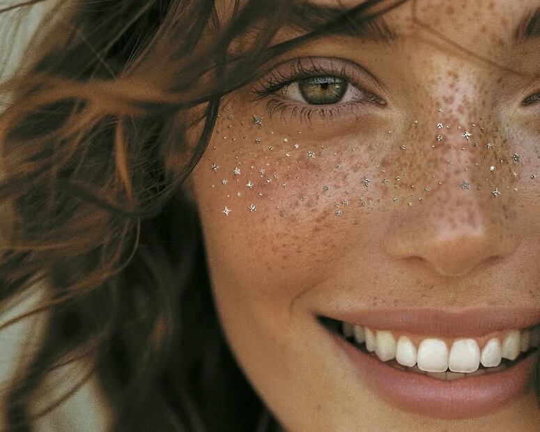 Las pecas de glitter son una alternativa ligera al maquillaje pesado en la playa. Foto: Instagram @fazitbeauty