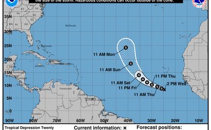 Se forma la depresión tropical 20 en el Atlántico; se prevé que se convierta en tormenta
